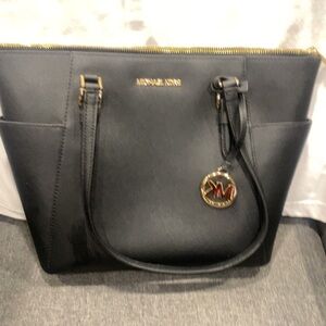 Michael Kors Black Leather Tote with Gold Accents
